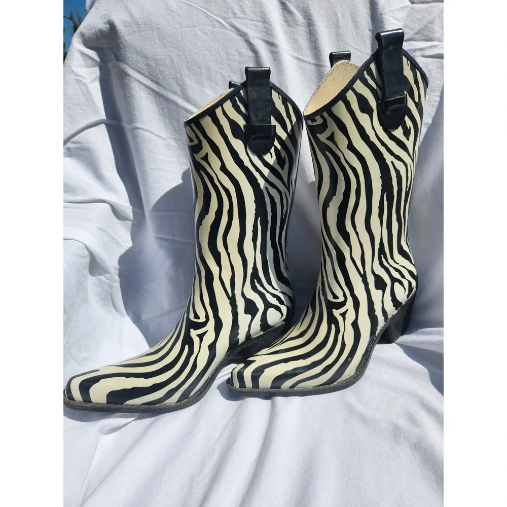 Corkys Zebra Print Rubber Cowboy Boots Black White Western Rain Boots Womens 8