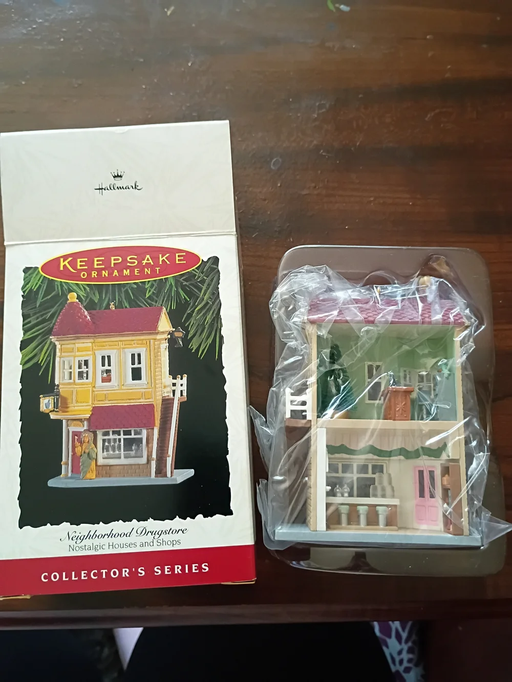 1994 Hallmark Yellow & Red 2 Story Neighborhood Drugstore Ornament