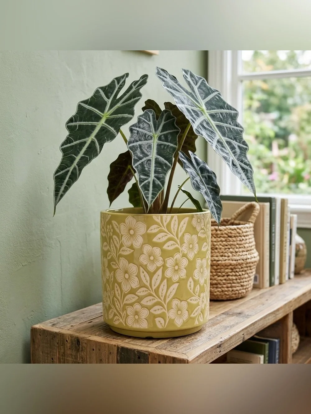 Mustard Yellow Floral Ceramic Planter with Drainage Hole, 6 Inch planter