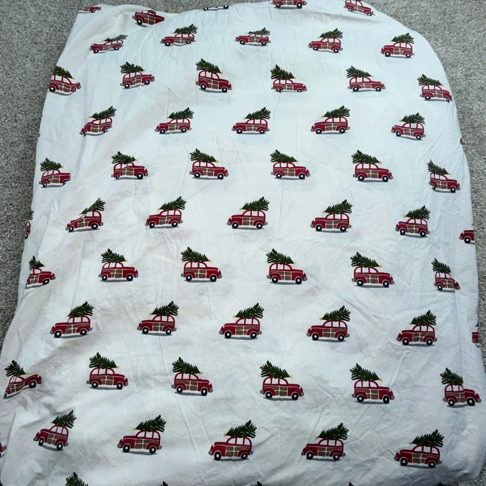 Pottery‎ Barn Full Flat Sheet 100% Organic Cotton Christmas Tree Station Wagon