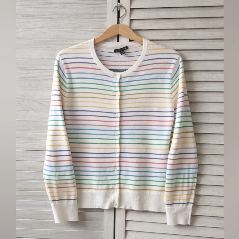 Brooks Brothers Rainbow Stripe Cardigan XL Preppy Coastal Grandmother Cute Soft