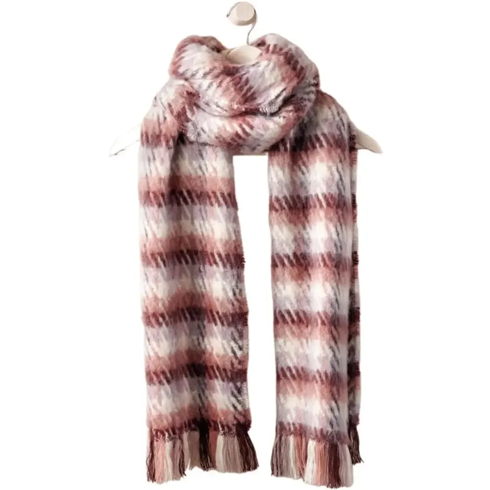 Charlie Paige Red Pink White Fringe Scarf Soft Warm 100% Polyester NEW Tags