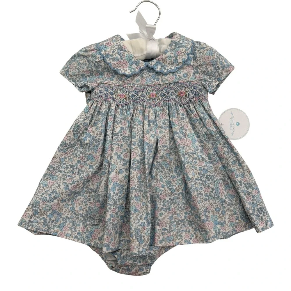 Edgehill Collection Baby Girls Blue Floral Smocked Dress & Bloomer Set 3M