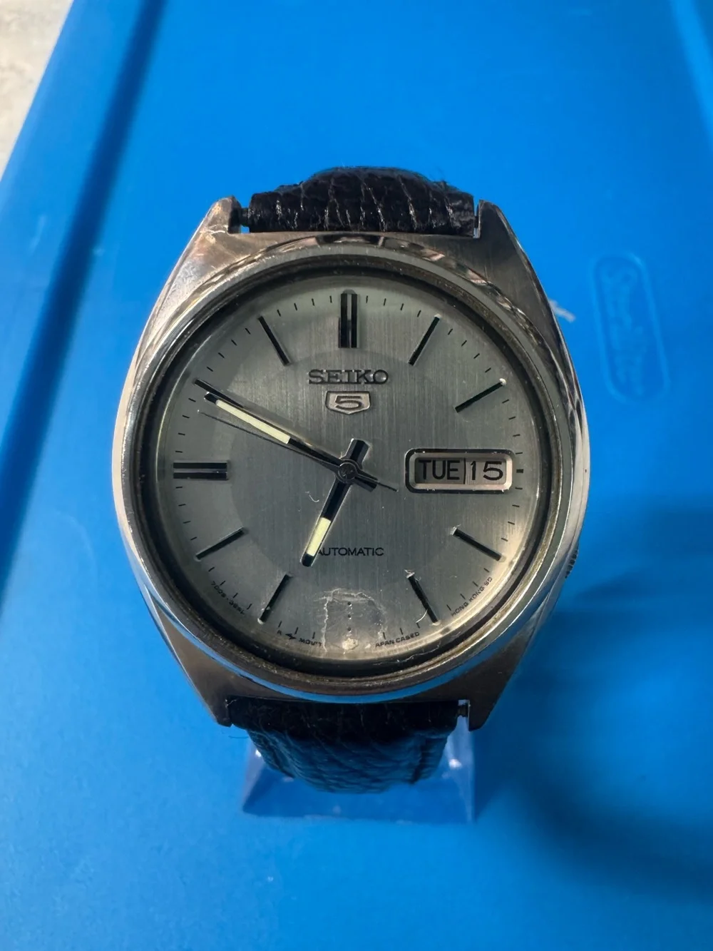 Seiko Silver Dial Watch with Black Leather Strap