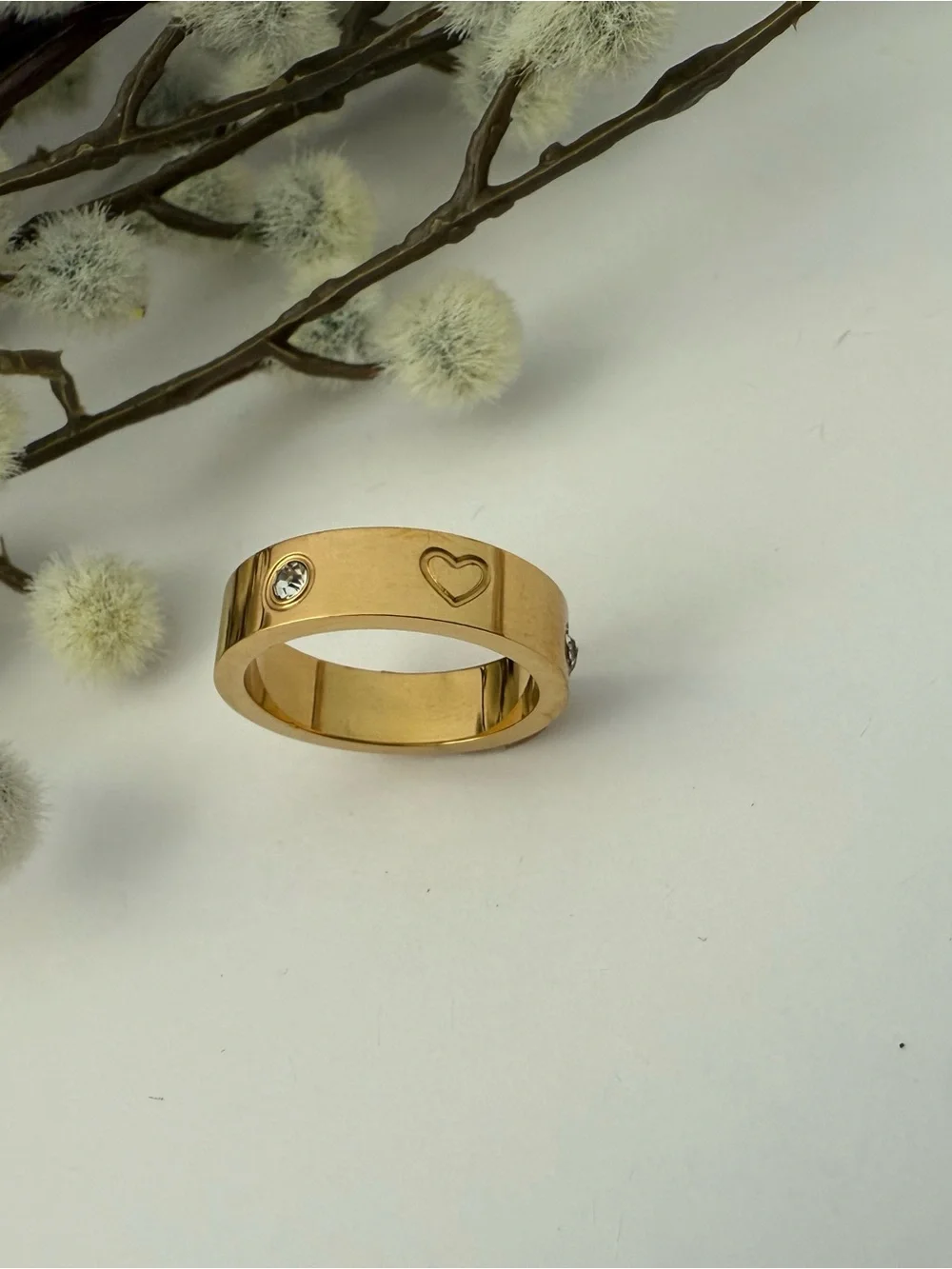 Gold Heart Accent Stainless Steel Ring with Crystal Accents
