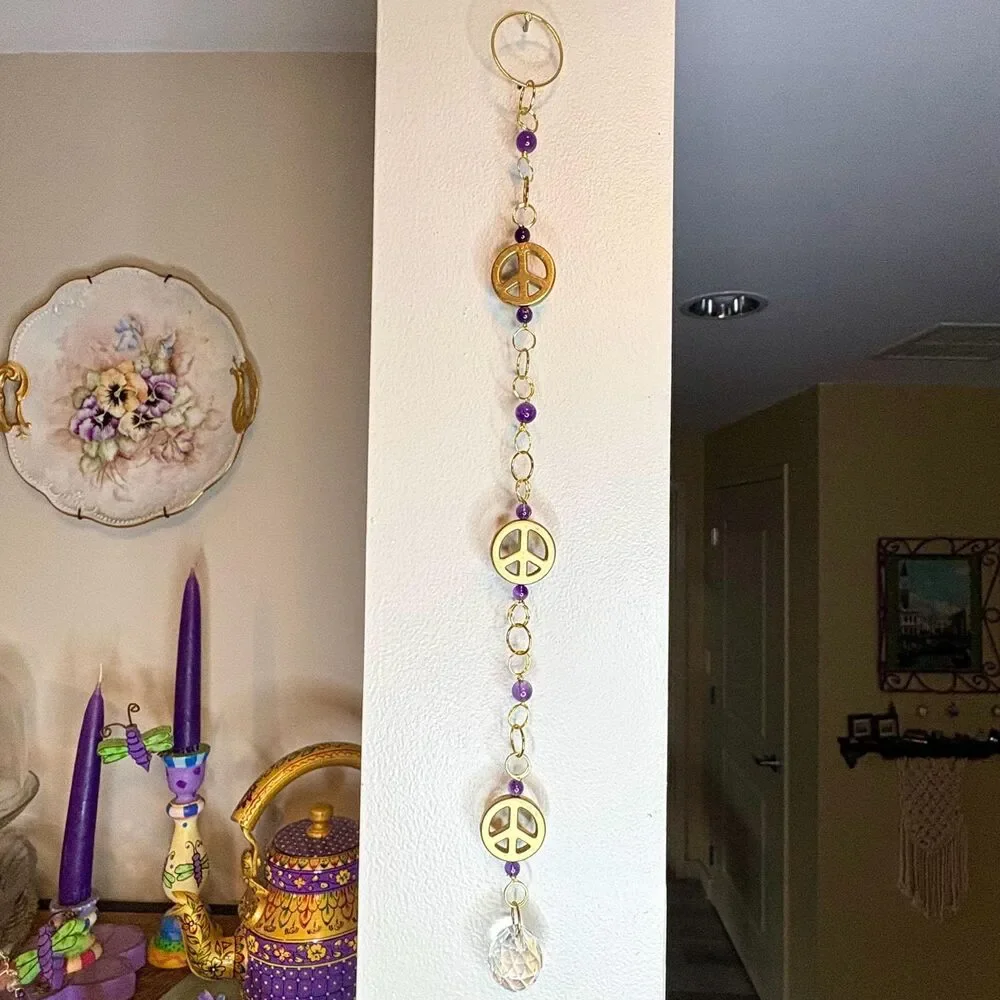Amethyst Peace Sign Wall Hanging Gold Peace Charm Amethyst Beads Crystal Prism