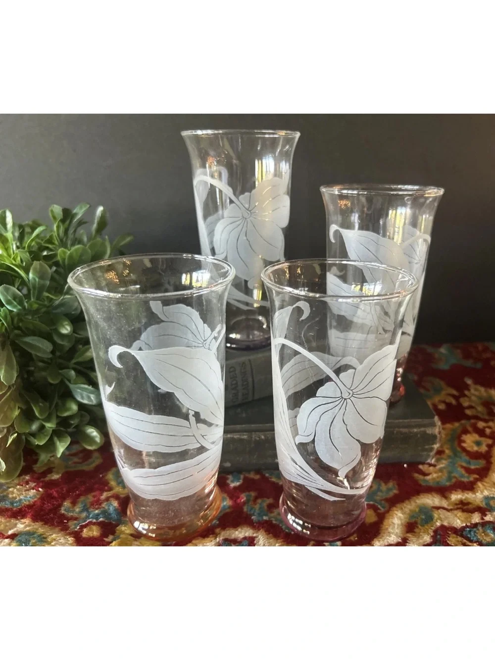 4 Vintage McBride Cameo Frosted Leaf Glasses Tumbler Multicolored Bases