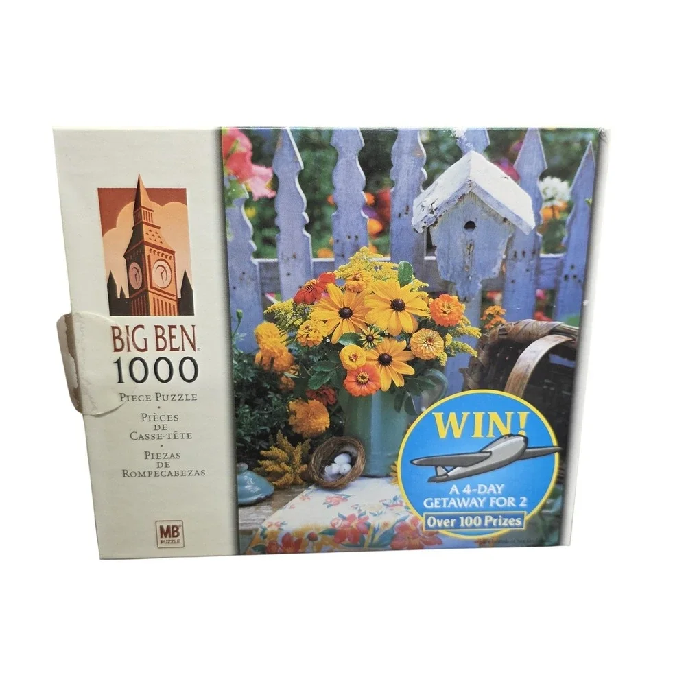 Milton Bradley Big Ben Bouquet Of Flowers 1000 Piece Puzzle USA Garden Scene