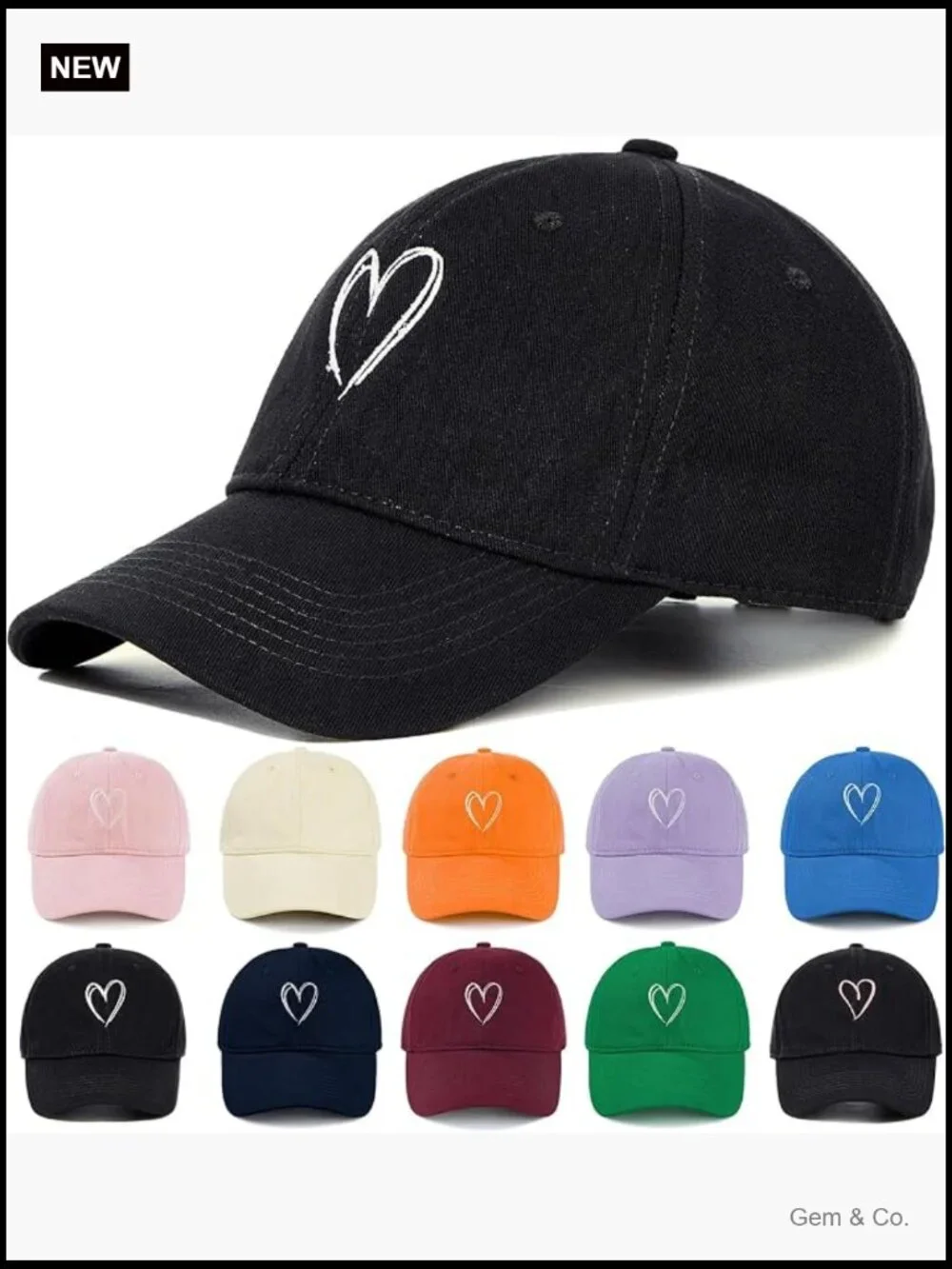 Women's Heart Embroidered Baseball Cap Adjustable Cotton Dad Hat Low Profile