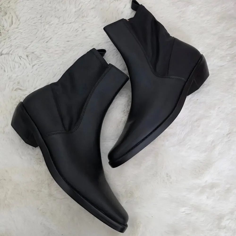 Madewell Idris True Black Leather Ankle Booties Stretchy Panel Block Heel Size 8