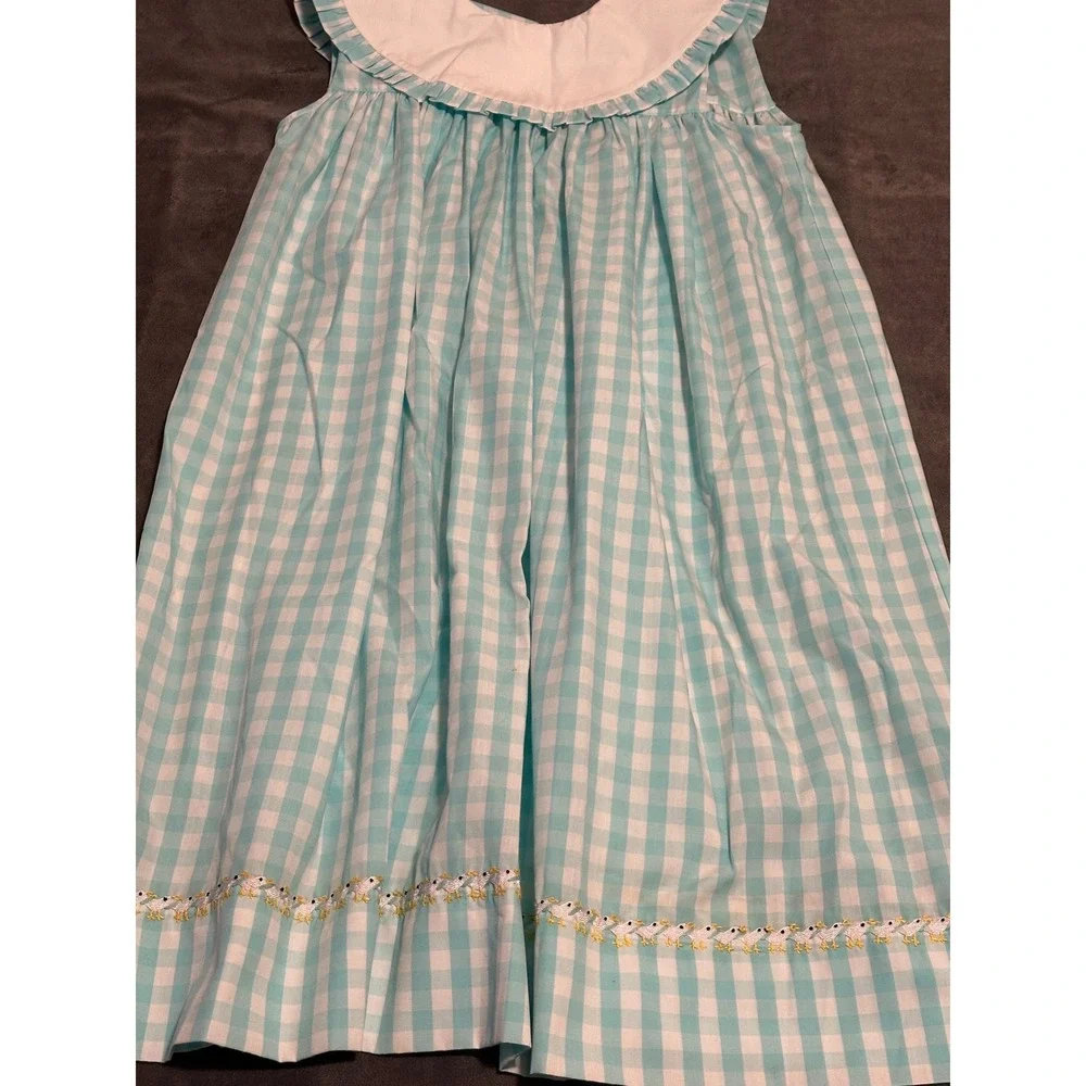 Delaney Girls Aqua Gingham Check Embroidered Ducks Ruffle Collar Dress Size 6x