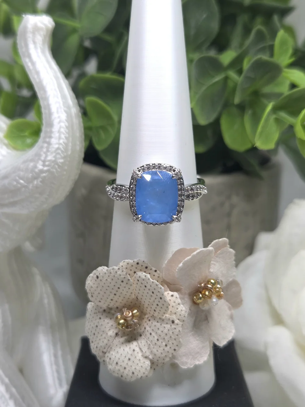 BP Blue Cushion-Cut Halo Ring with Pavé Band