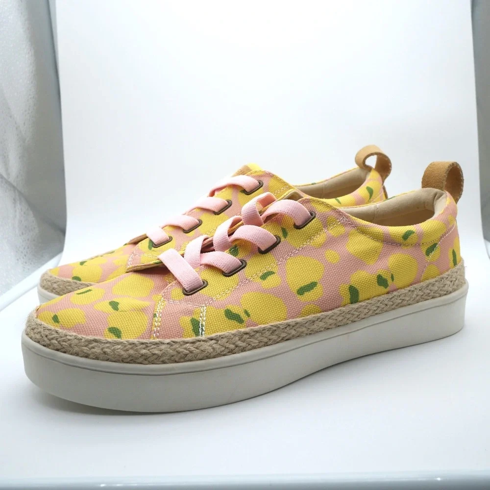 Spenco Lemon Print Espadrille Platform Sneakers Pink Yellow Womens 10 D Orthotic