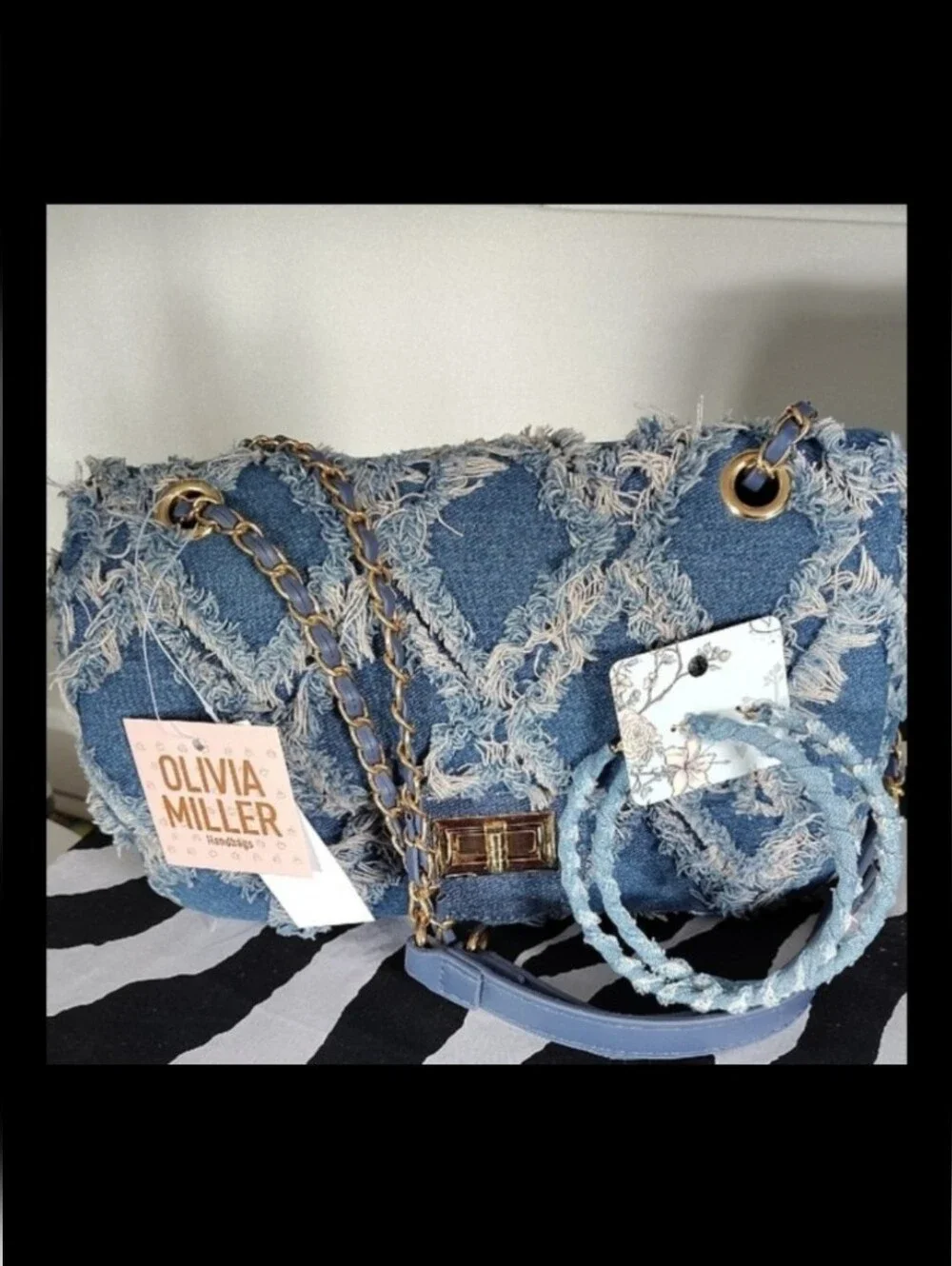 🆕2PC Blue Denim Hoops w/ Quilt Chain Crossbody/Drop Satchel 10.5L X 5.5H