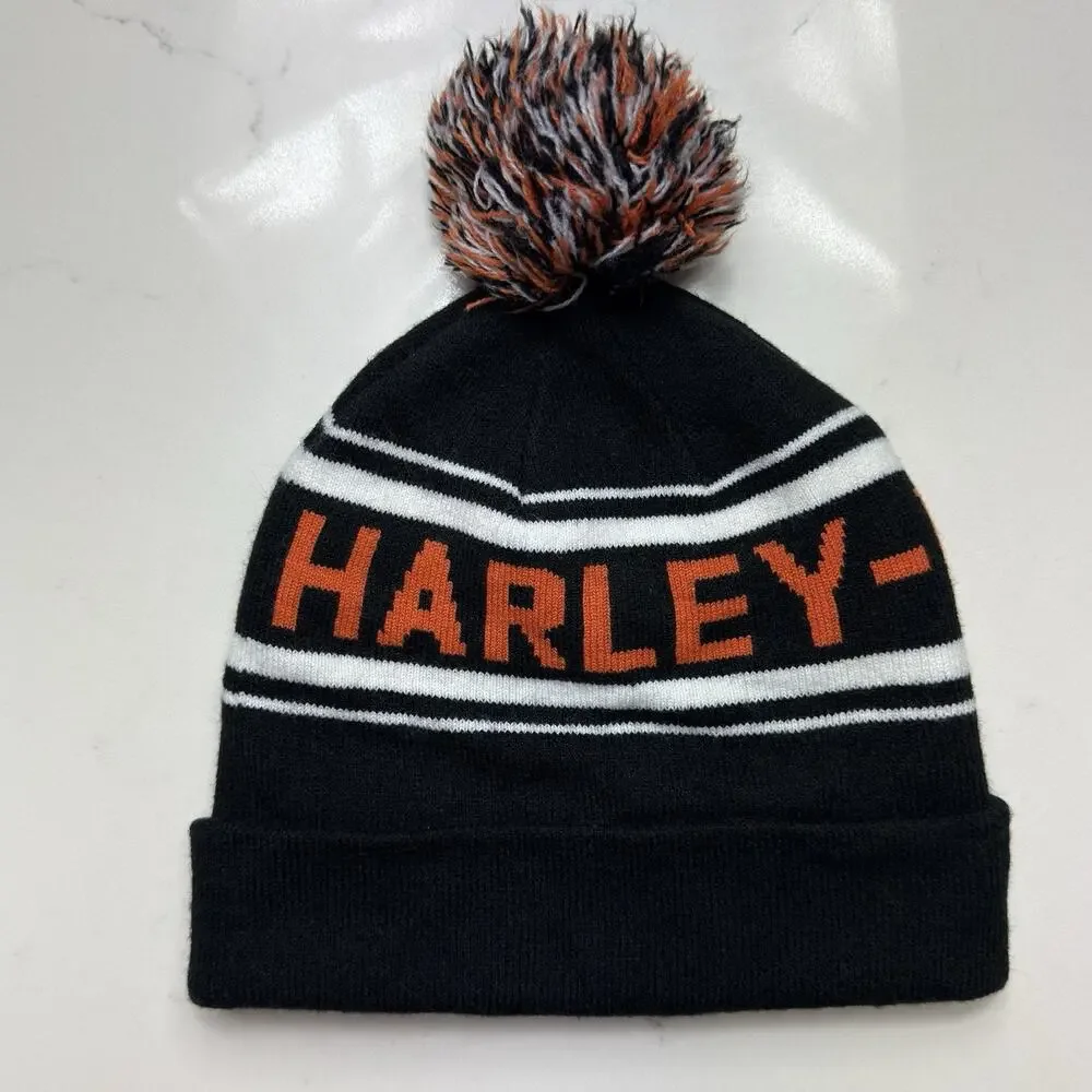 Harley Davidson Knit Beanie Hat Black Orange Spell Out Cuffed Winter Cap