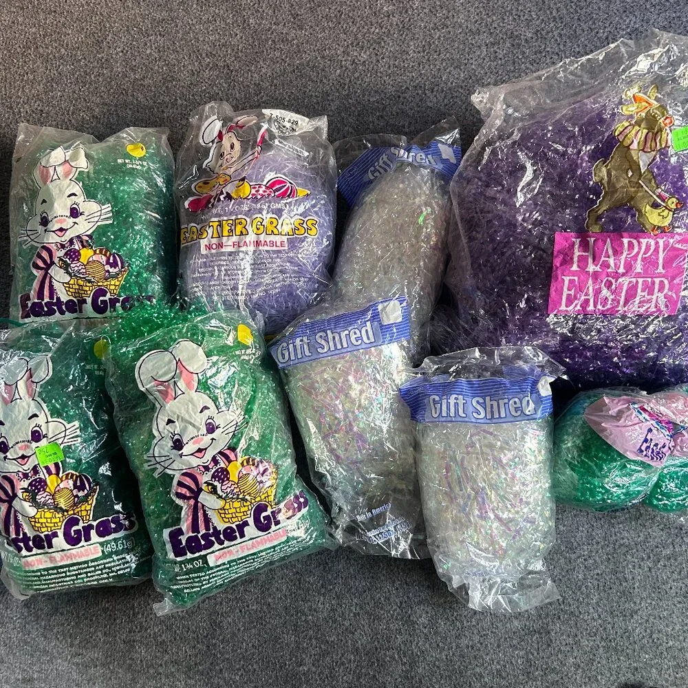 VTG 1990s 2000s Green Purple White EASTER GRASS LOT DECORATION‎ CUTE PACKAGING