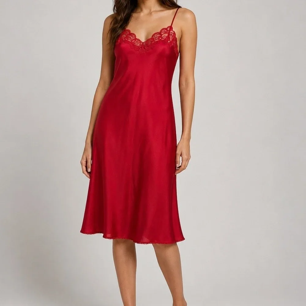 Vintage Warners Red Nylon Lace Slip‎ Dress Womens 34 Mini Chemise Nightgown USA