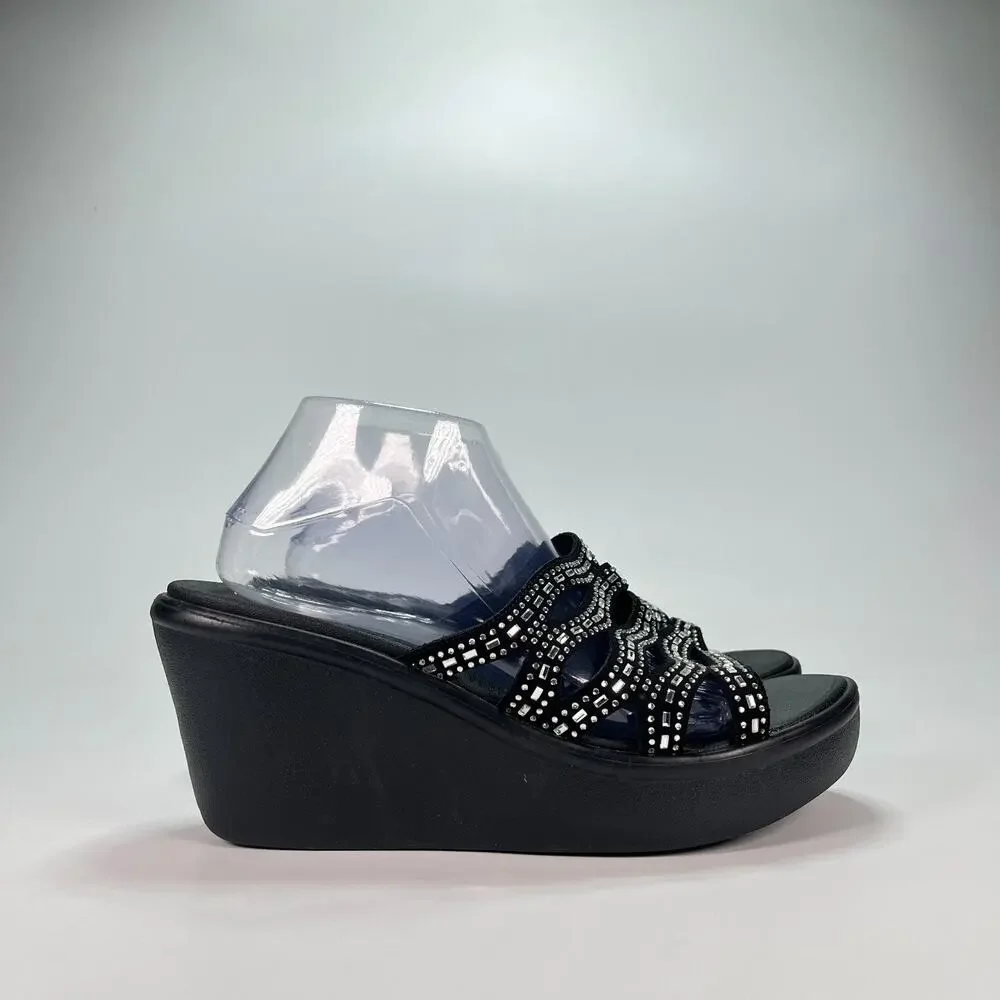 Skechers Rumble Up Funny Business Black Rhinestone Wedge Sandals Women's Size 11