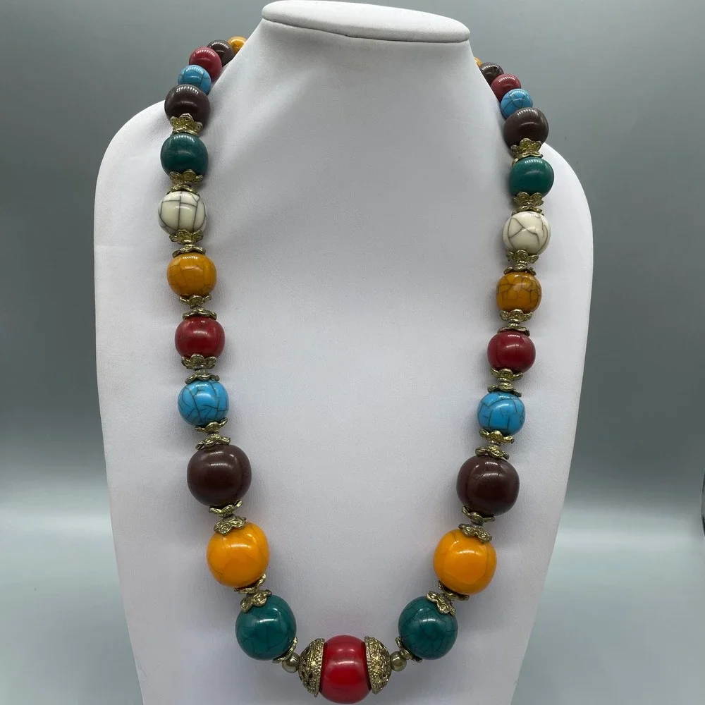 Boho Chunky Multi Color Bead Necklace Brass Filigree Statement 22 Inch Vintage‎
