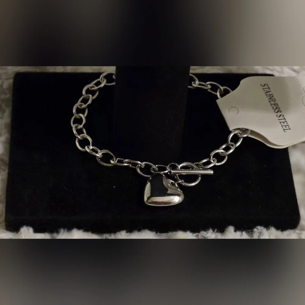 Stainless Steel White Gold Overlay‎ Bracelet With Heart Charm 7