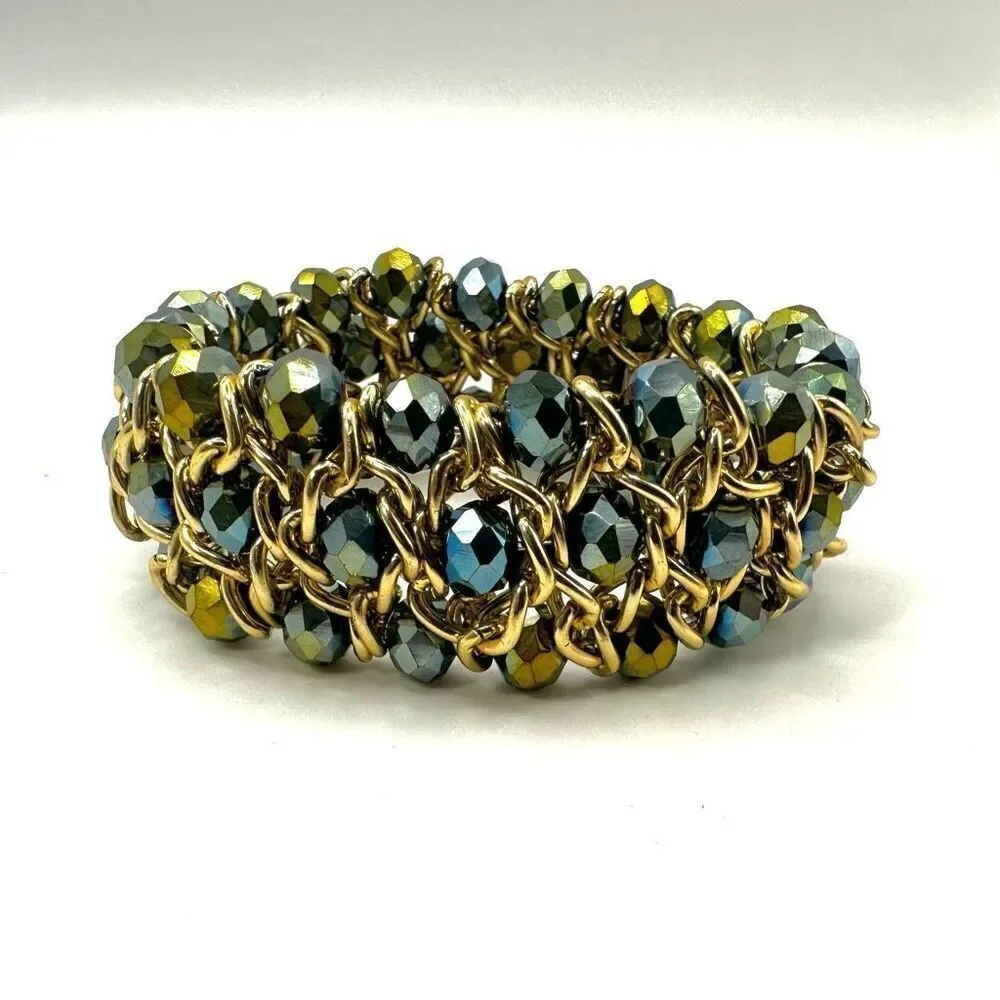 Gold blue beaded stretchy bracelet gift very