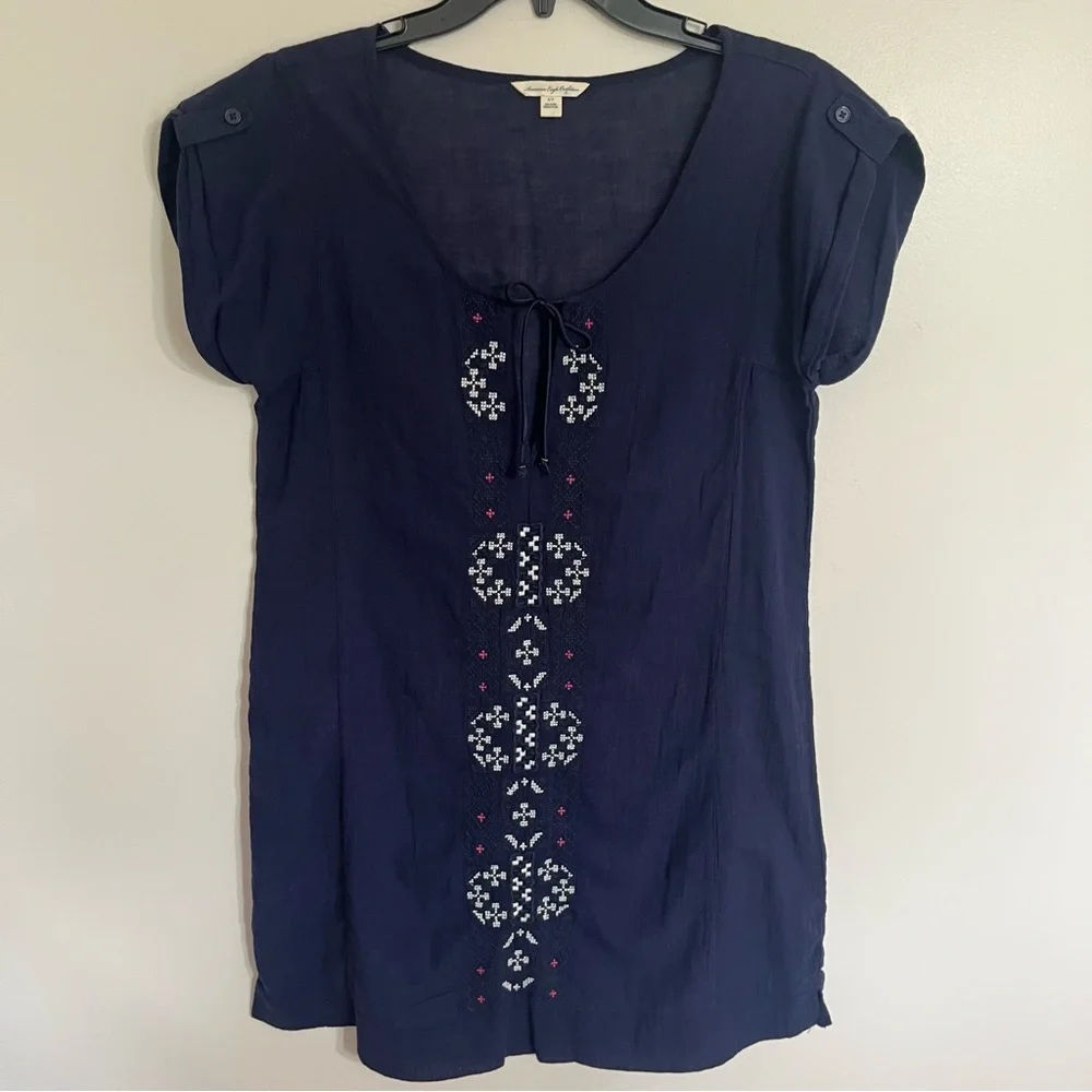 Women's American Eagle Embroidered Cover‎ Up Or Tunic Top Size Small Navy Blue