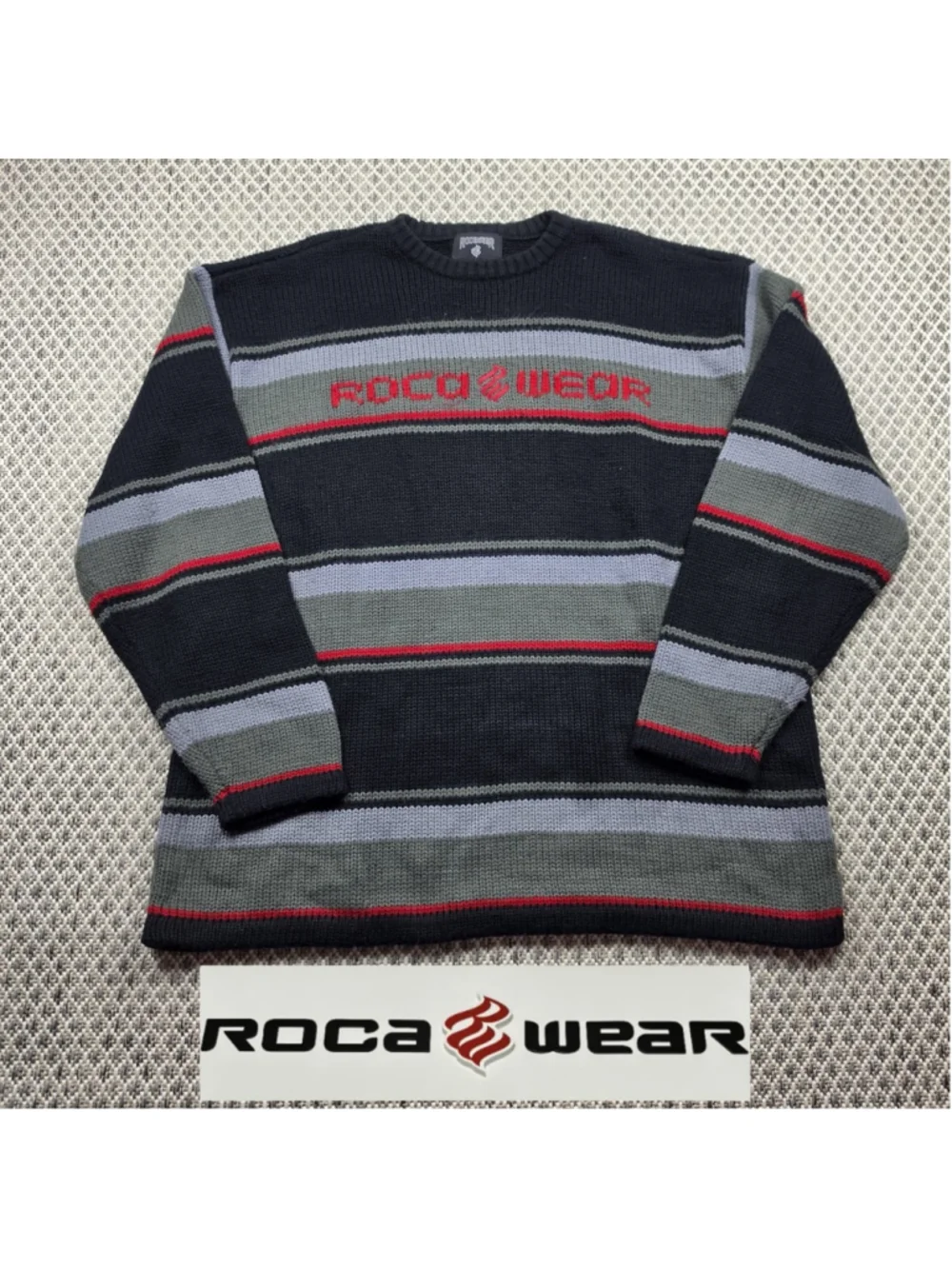 Rocawear Striped Knit Sweater XL Black Gray Red Embroidered Logo Y2K Hip Hop