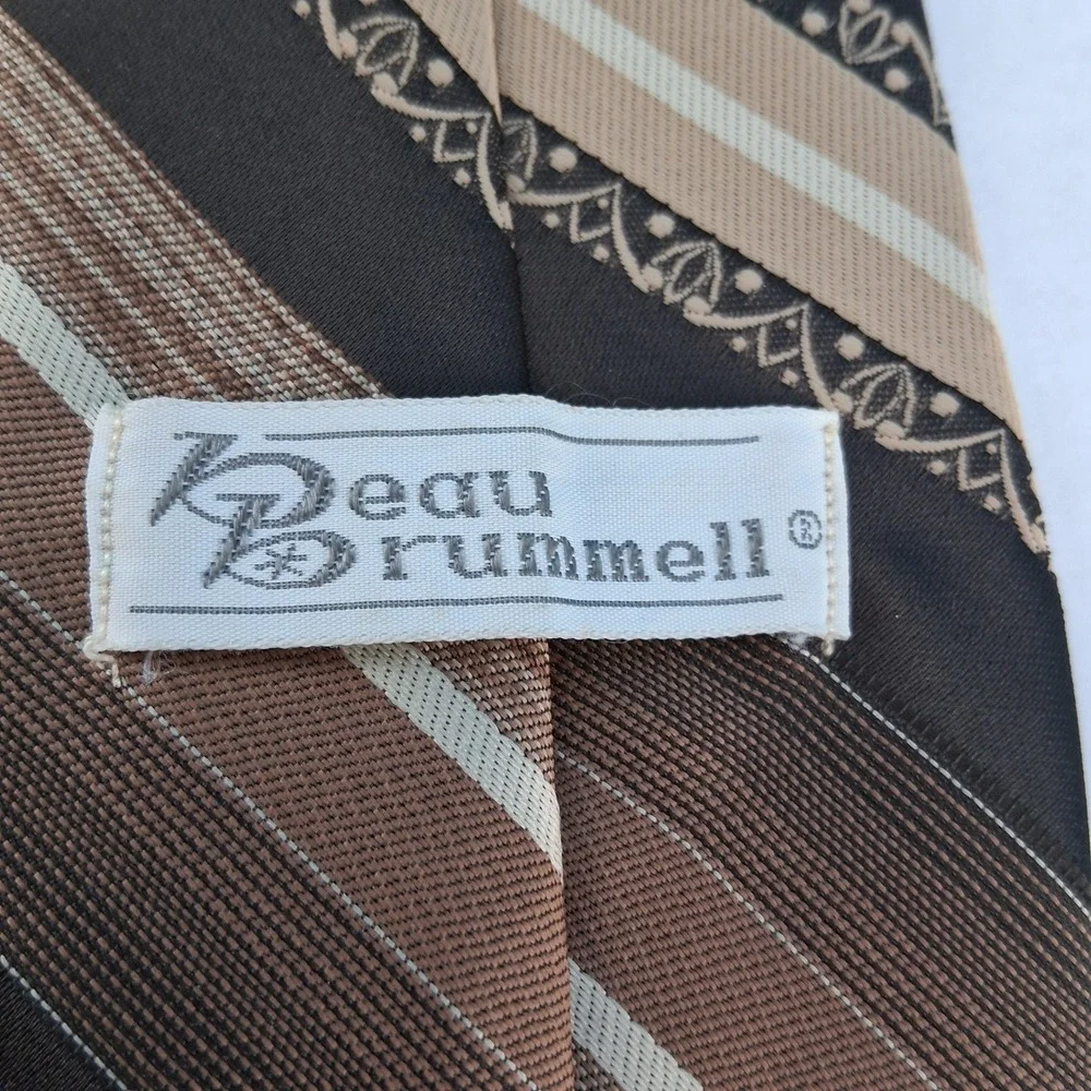 Beau Brummell Necktie Mens Brown Tan Striped Vintage Geometric Embroidered Tie