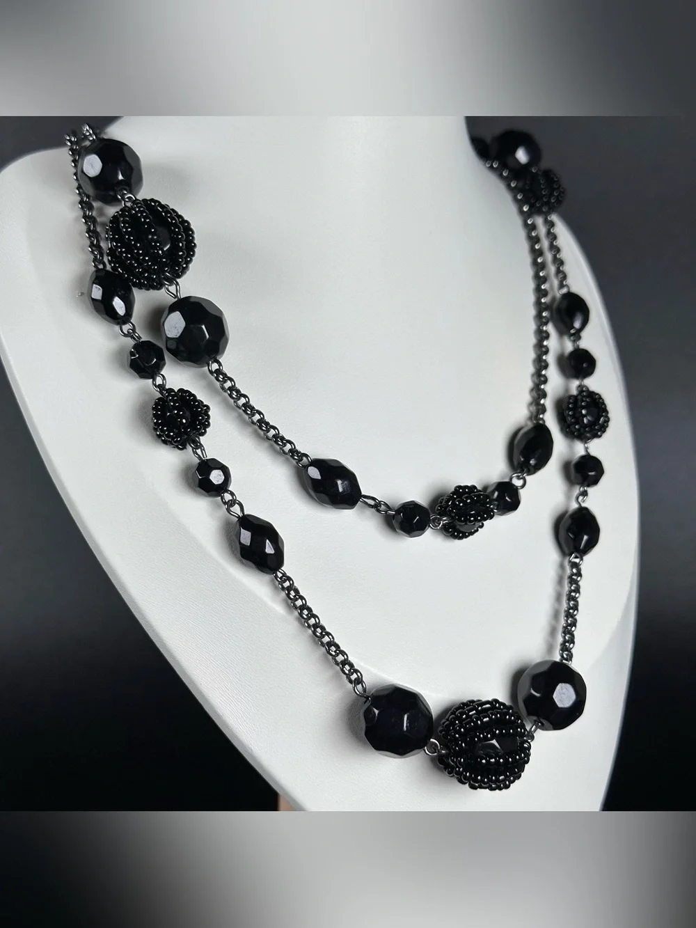 Avon Black Faceted & Textured Bead Layered Necklace