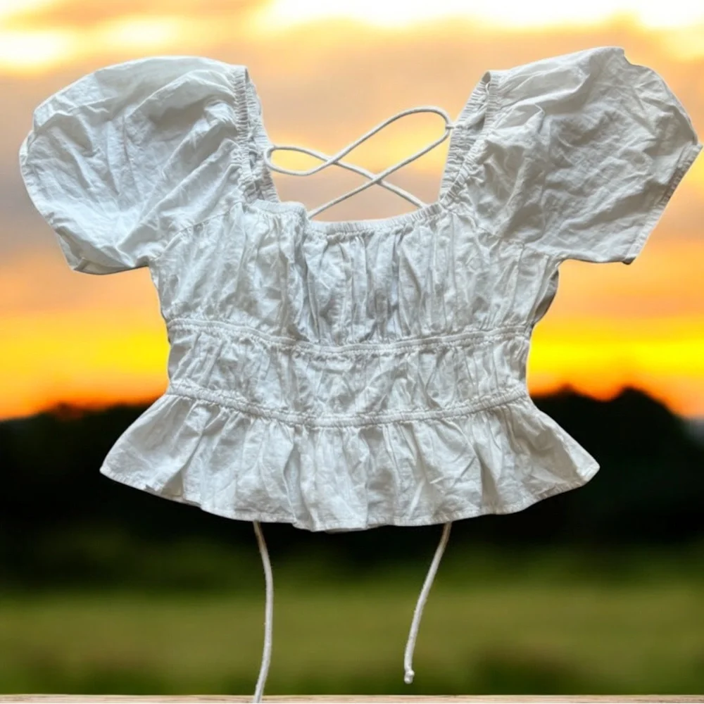 Free People Puff Sleeve Peplum Crop Top White Cotton‎ Size L Boho Cottagecore