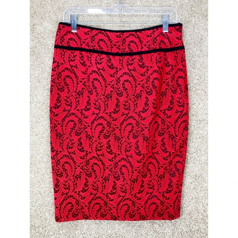 Magaschoni Lace Scroll Pencil Skirt Women 12 Red Black Dark Academia Office Chic