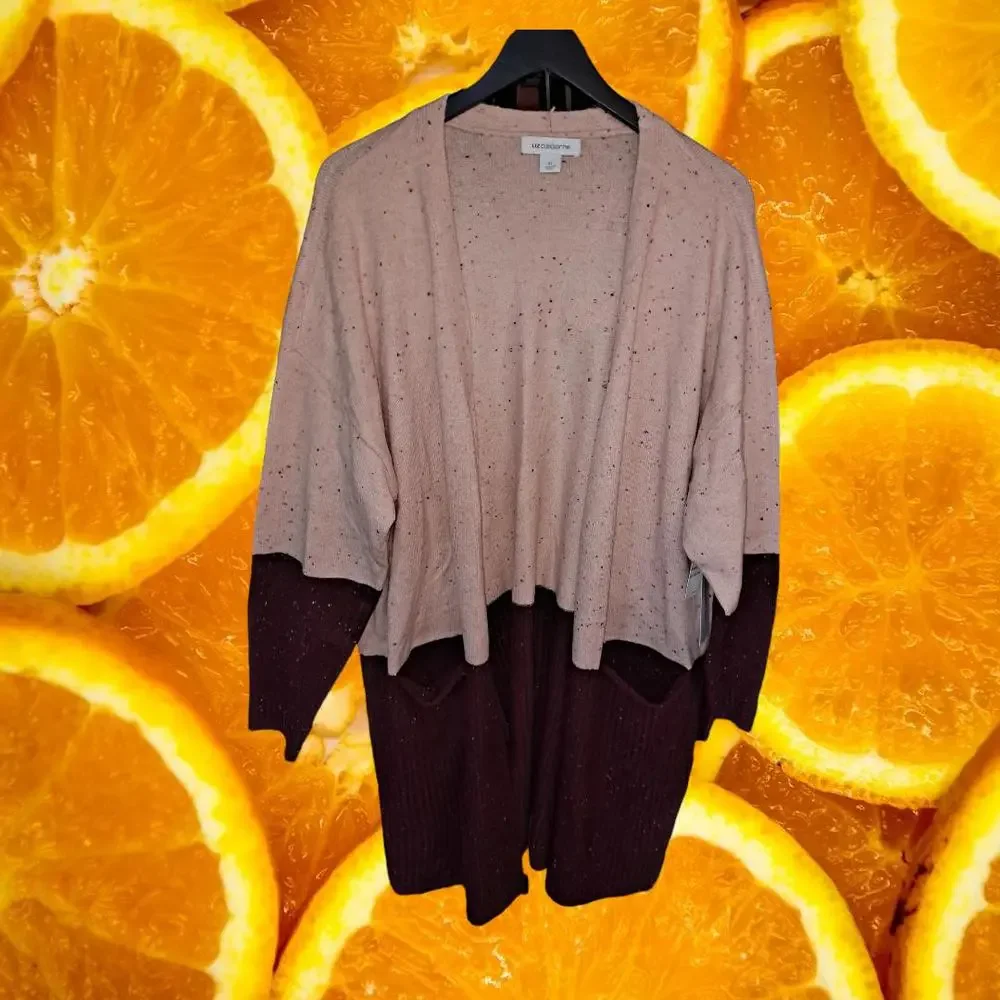 New Liz Claiborne Maroon and Pink Open Front Knit Sweater Size‎ XL