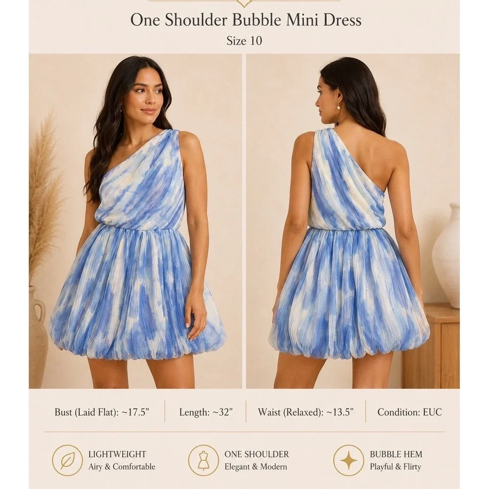 Hutch One Shoulder Bubble Mini Dress‎ Blue White Abstract Print Size 10 EUC