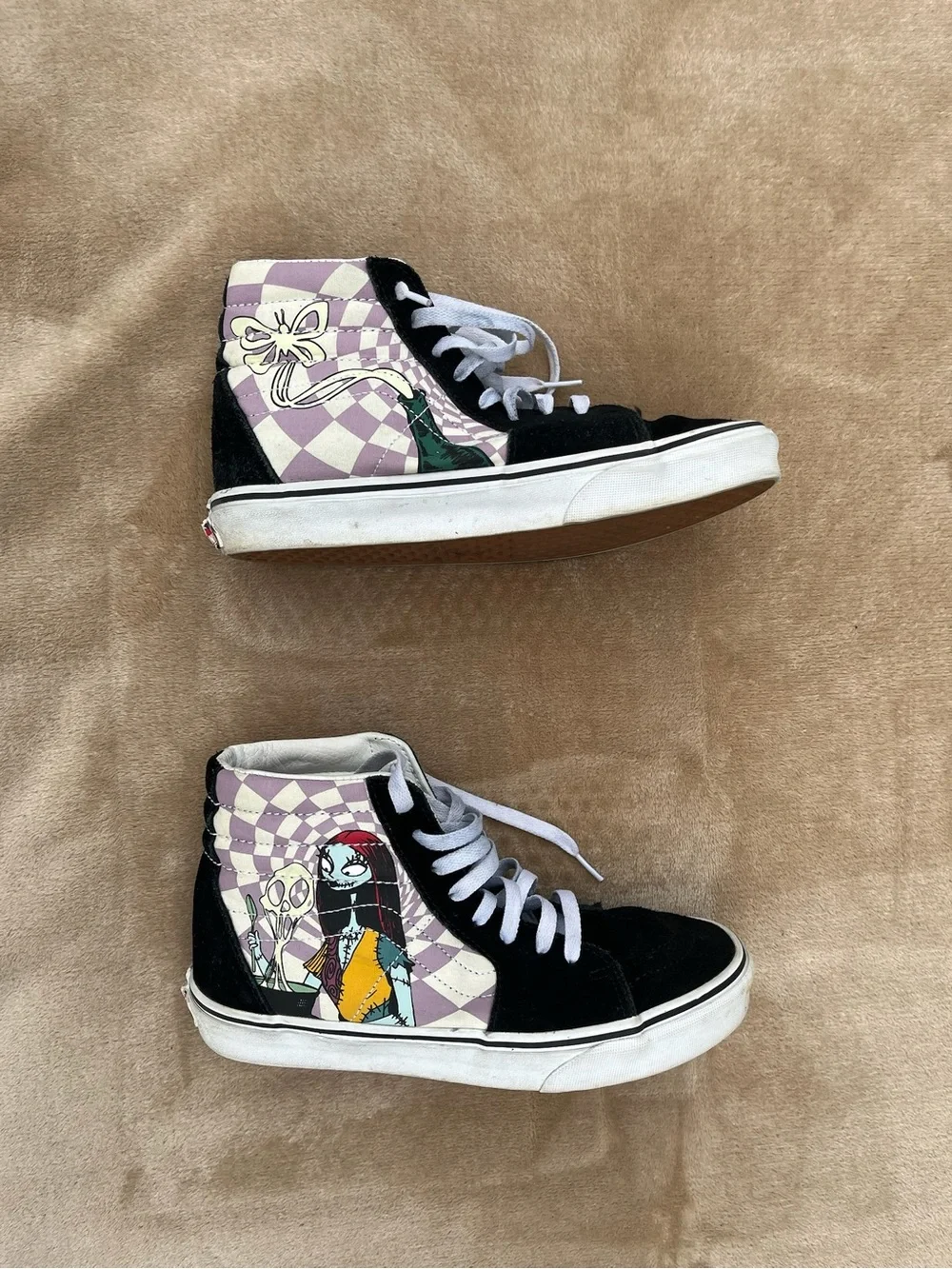 Vans Black High-Top Sneakers with Lilac Checker Panels and Character Art
