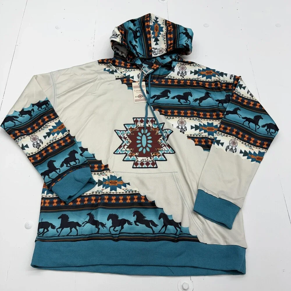 Lanaoree Hoodie Sweatshirt Womens Large Multicolor Southwestern Horse Pullover