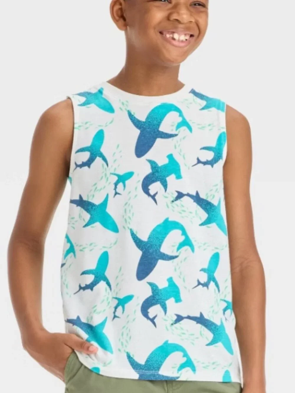 Boys' Tank Top - Cream Graphic Sharks