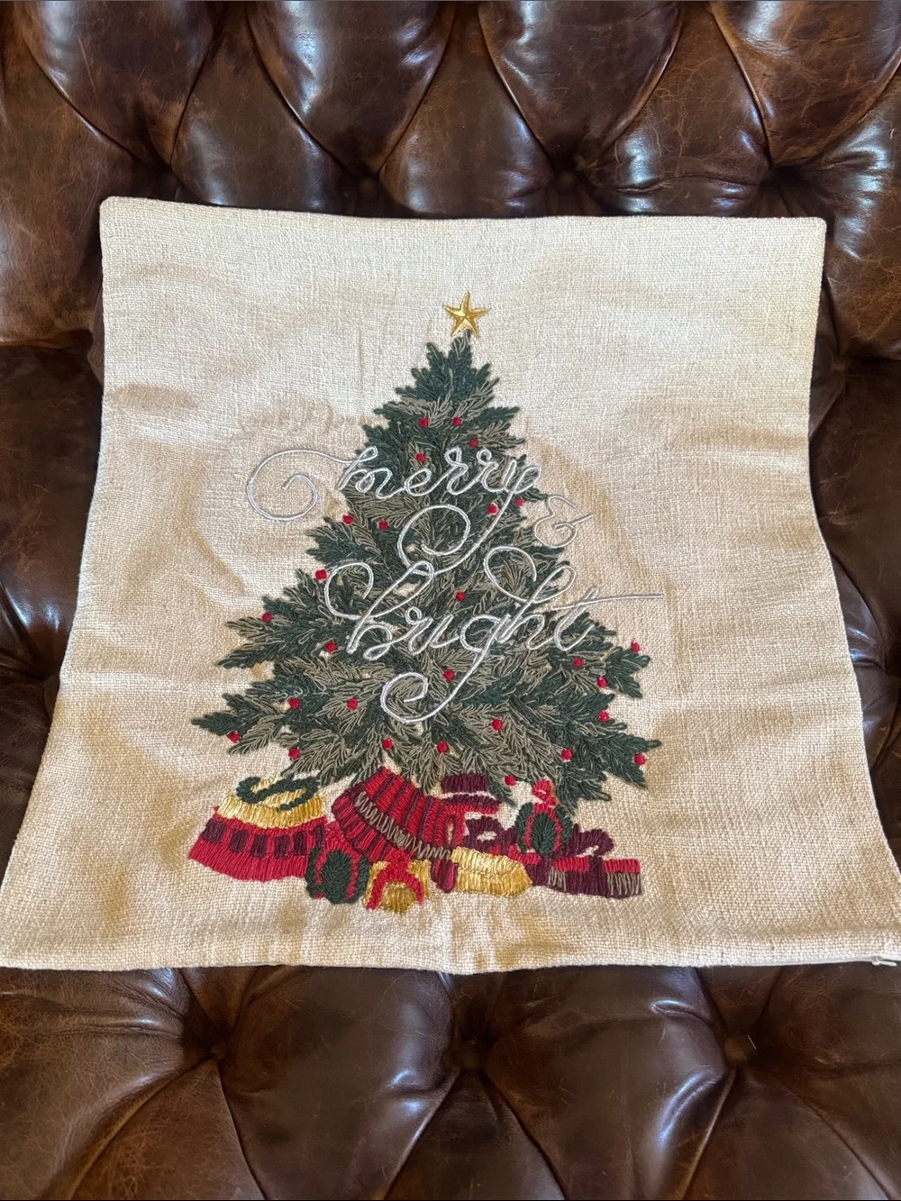 Pottery Barn Merry & Bright Embroidered Christmas Tree Holiday Pillow Cover