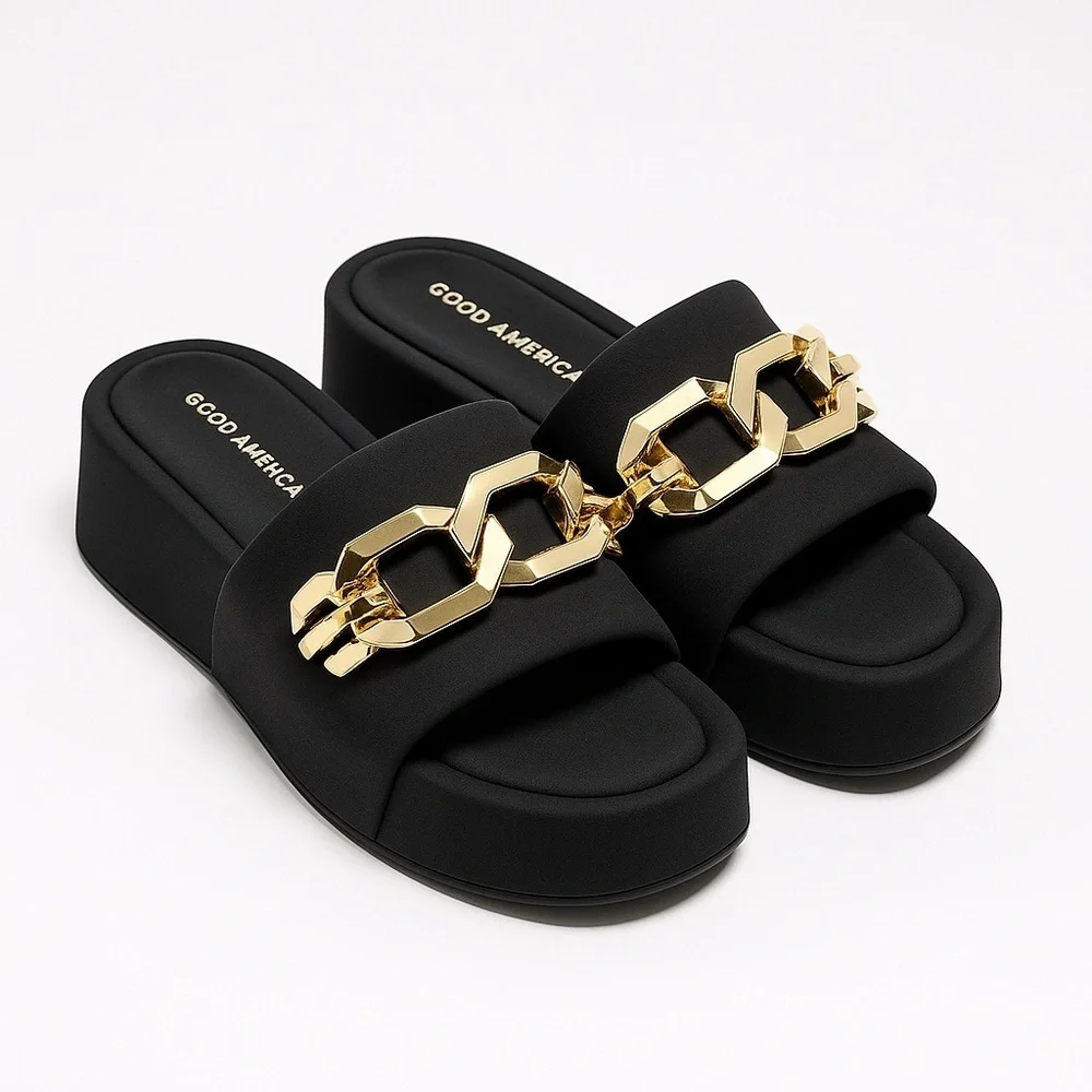 Good American Black Platform Slides with Gold Chain – Size 5