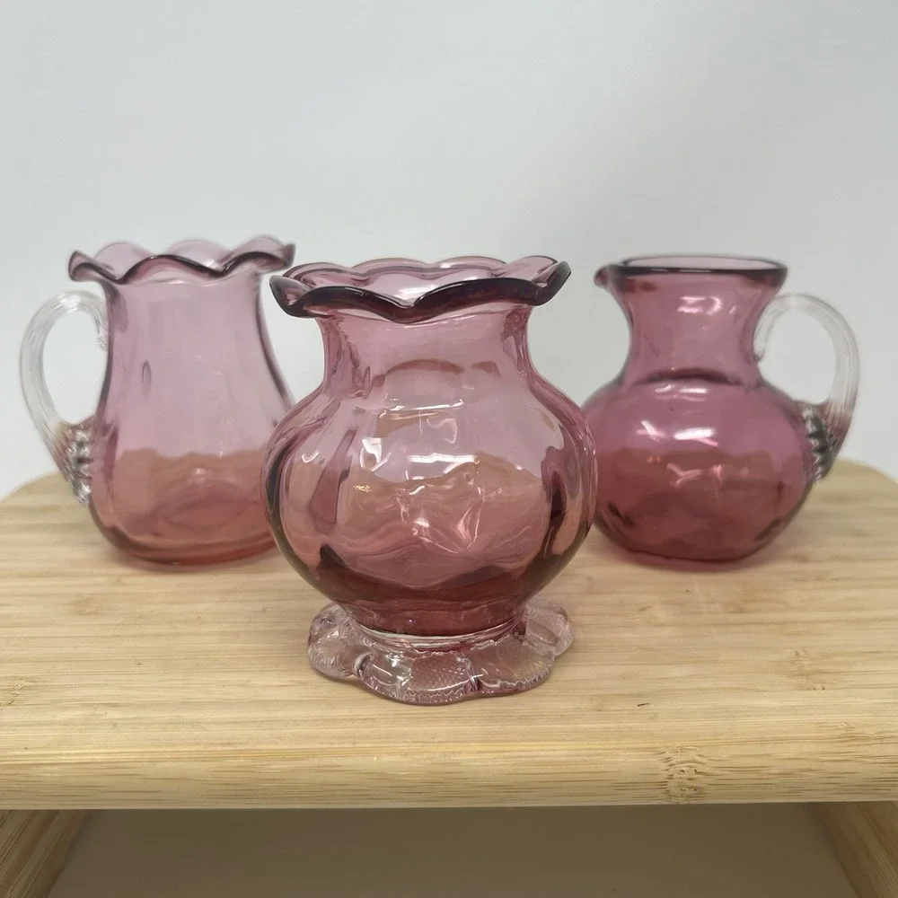 Vintage Set Of 3 Cranberry Glass Hand‎ Blown Pilgrim  Vase & Pitchers EUC