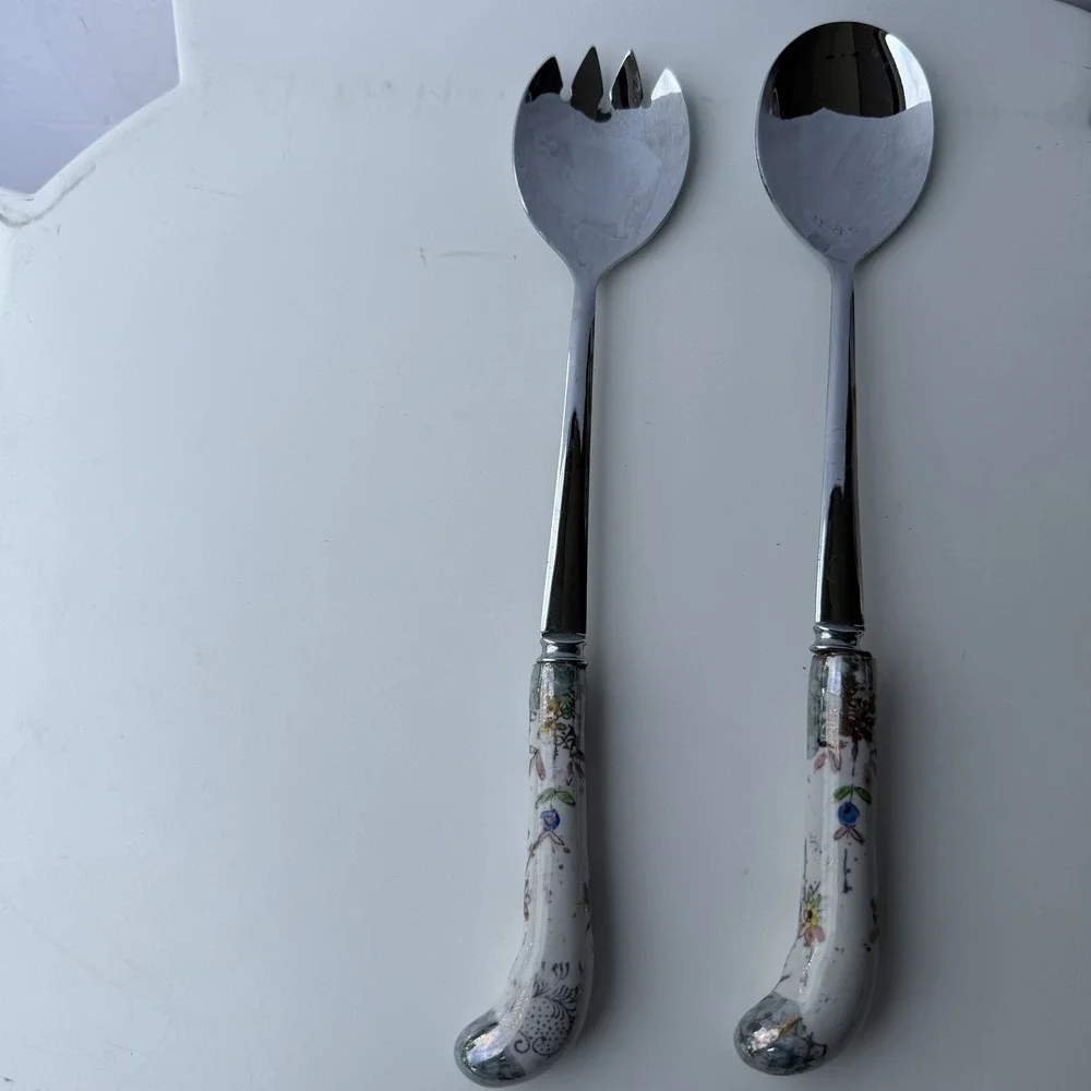 Vintage Sheffield England Floral Porcelain Handle Salad Servers 2-Piece Set
