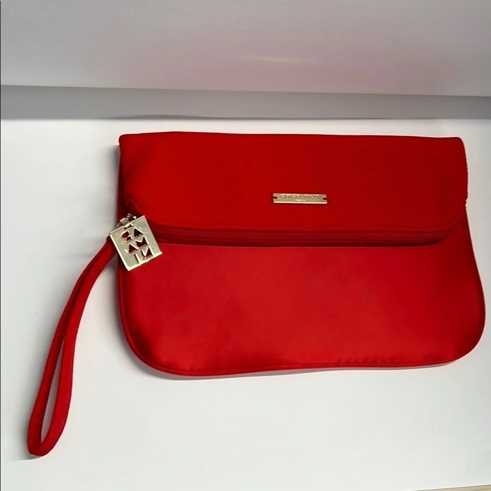 Giorgio Armani Red Satin Foldover Snap Zip Large Wristlet Clutch Bag - New