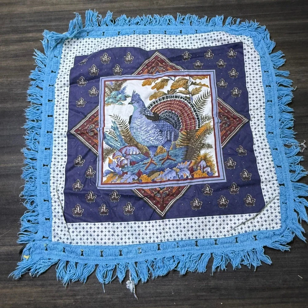 Vintage Bird Tapestry Wall Art Blue‎ Fringed Cabin Cottagecore Decor
