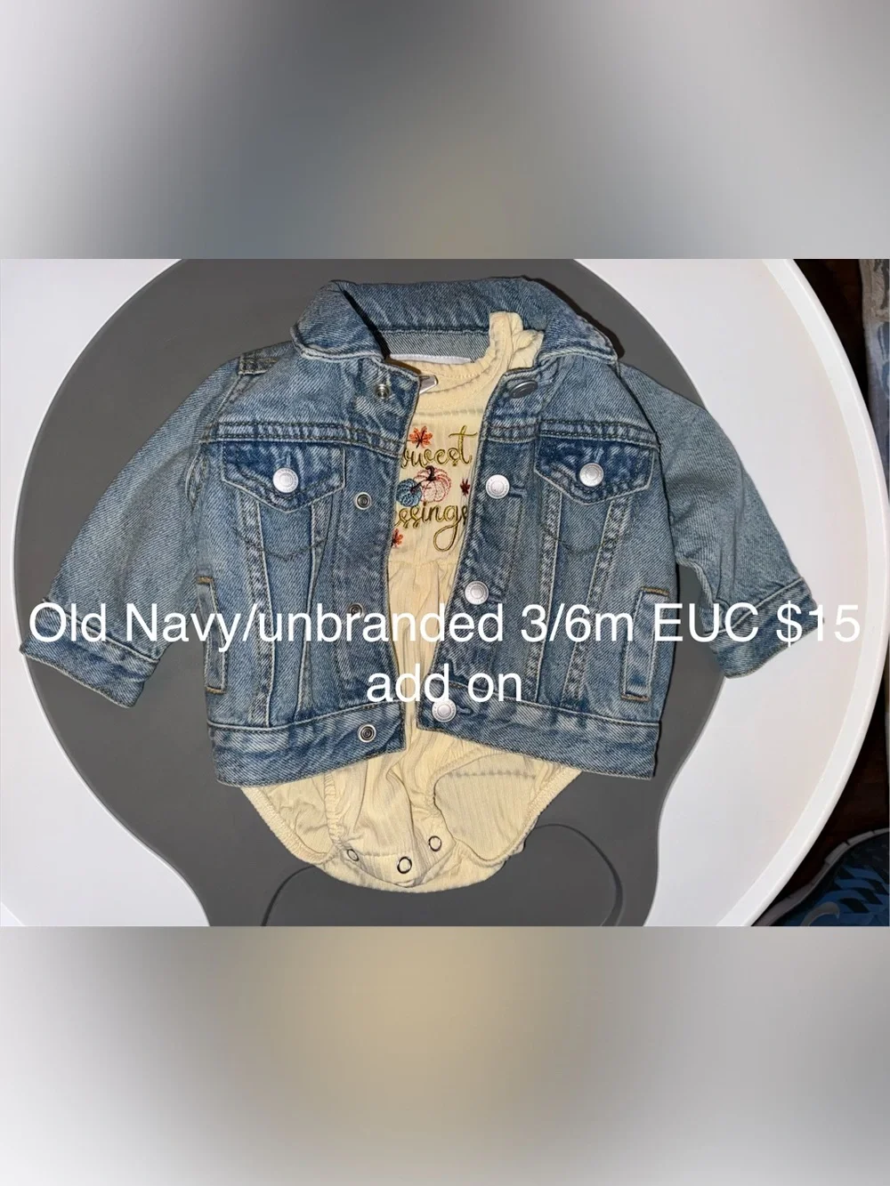 Old Navy Light Blue Denim Baby Jacket with Cream Harvest Blessings Bubble