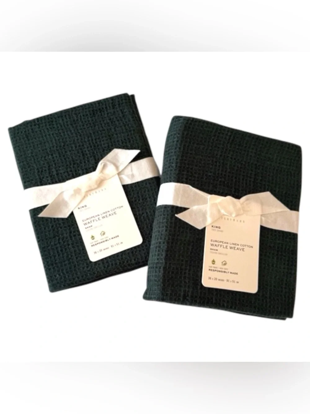 2 Pottery Barn European Linen Cotton WAFFLE WEAVE KING Shams - Pine