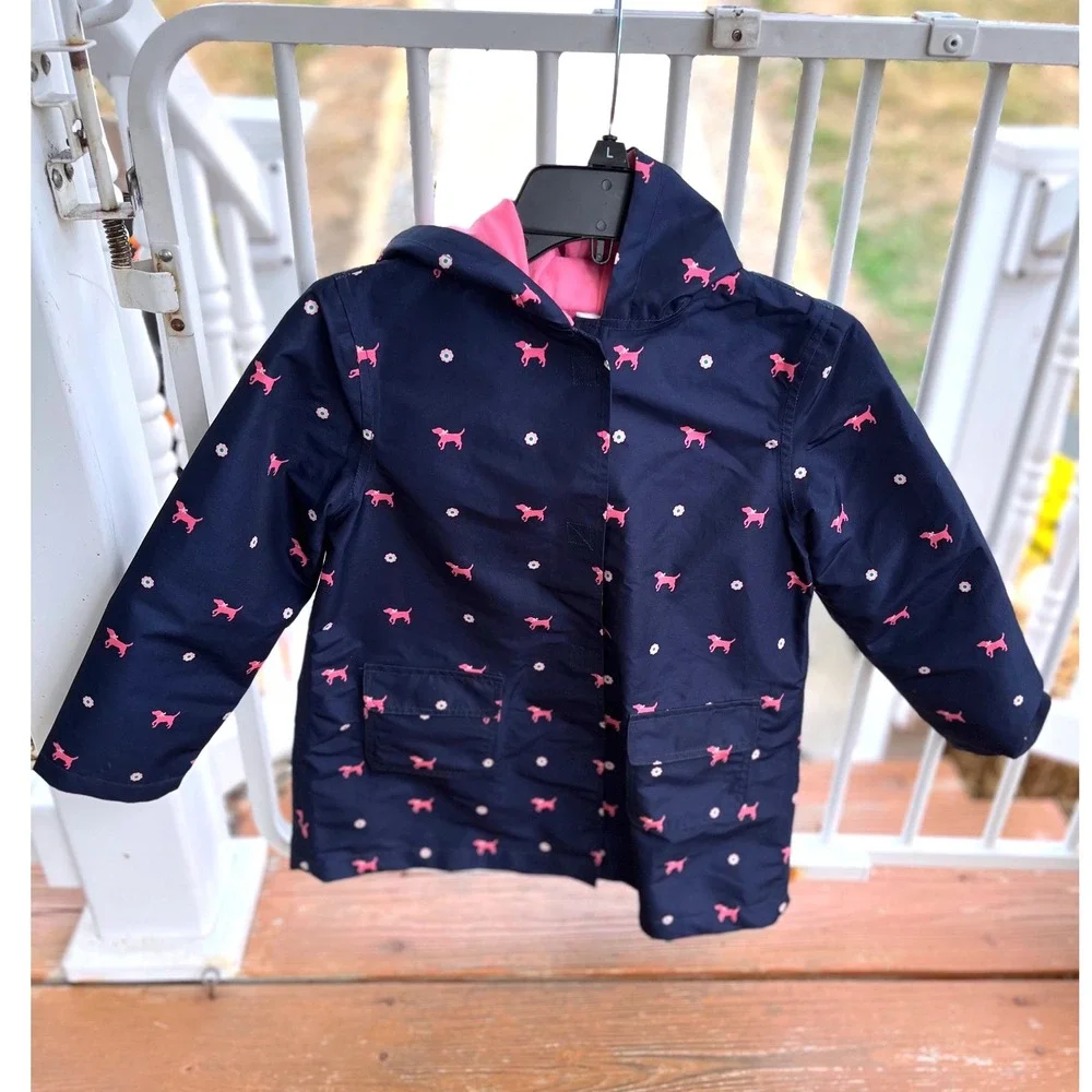 Gymboree Kids Navy Blue‎ Raincoat Pink Dog Print Hooded Spring Autumn Outerwear