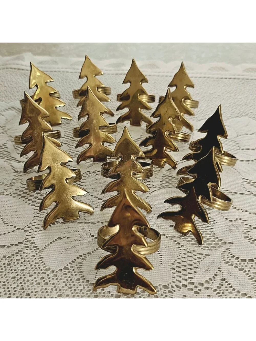 12 Brass Christmas Tree Napkin Rings Holiday Table Decor Gold vintage patina