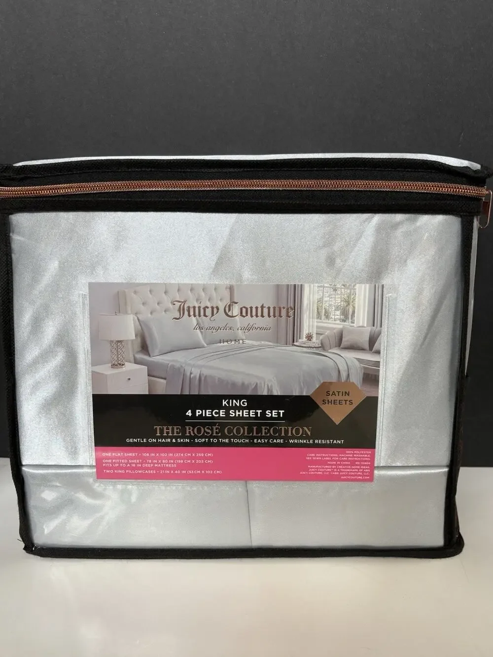 Juicy Couture Home King Size Satin Sheet Set 4 PC The Rose Collection Gray New