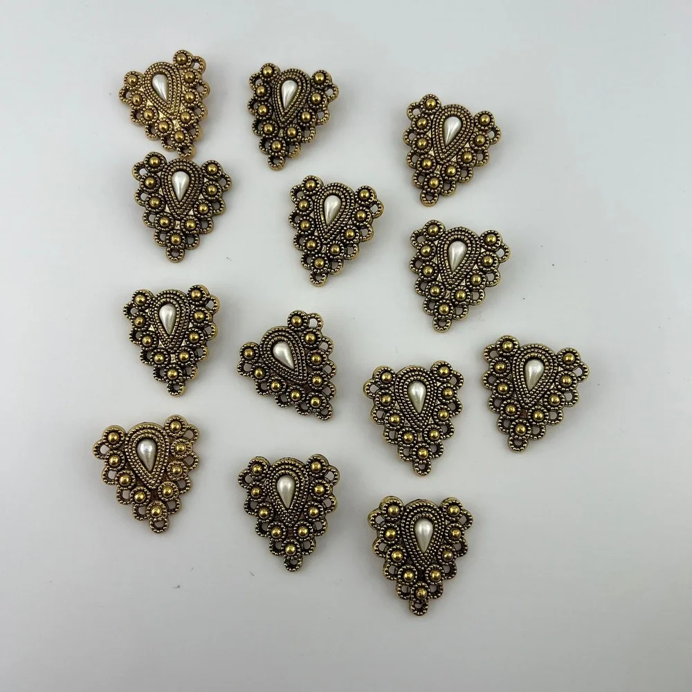 Lot‎ 13 Gold Tone Pearl Buttons Ornate Vintage Style Shank Sewing Craft