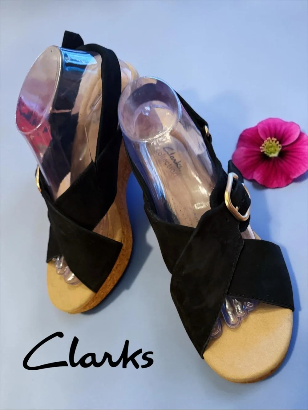 Clarks Giselle Dove Black Nubuck Cork Wedge Sandals - Size 9.5 M