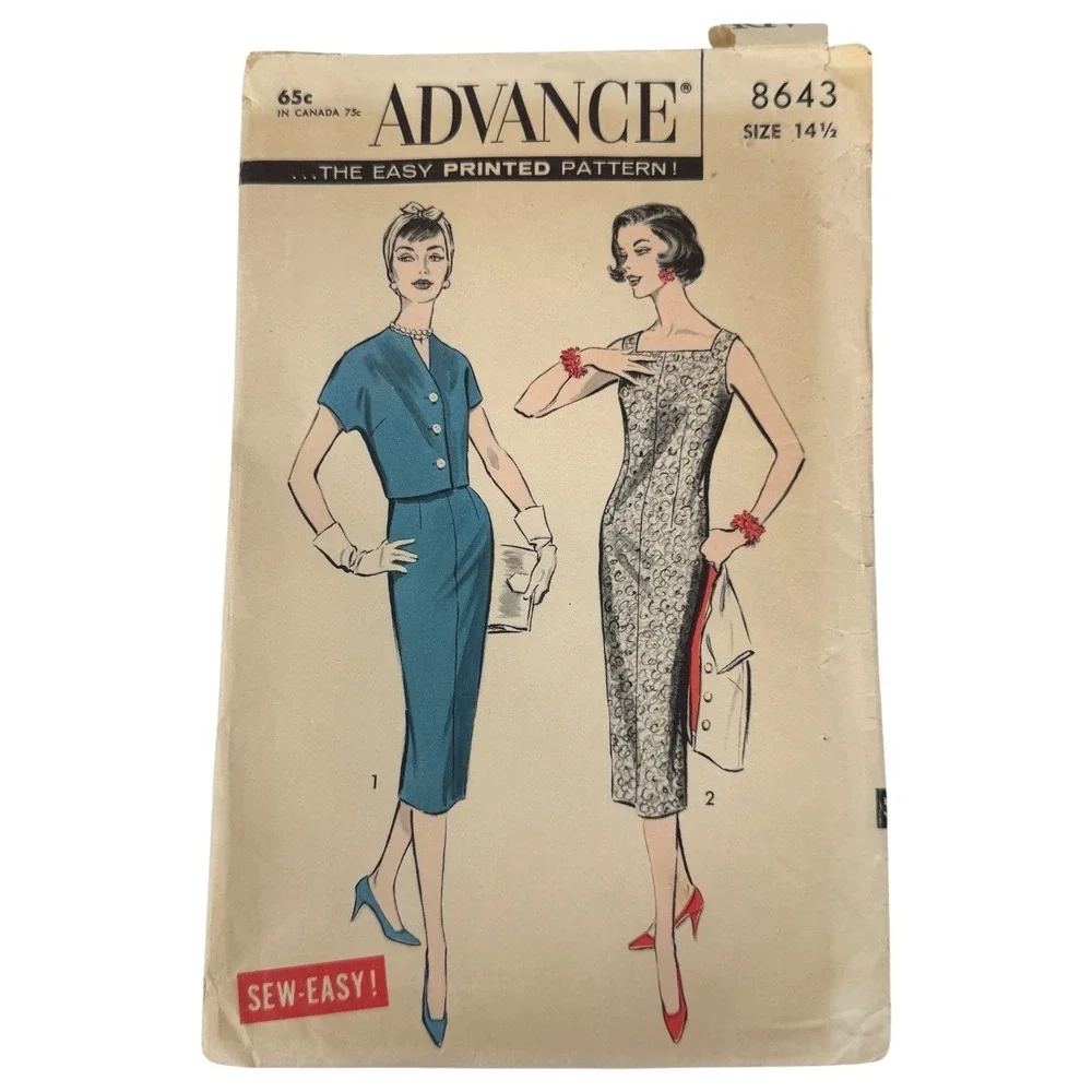 50s Advance Sewing Pattern 8643 Sleeveless Straight Dress & Jacket Size 14.5 VTG